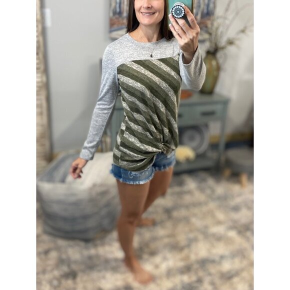 Striped Color Block Contrast Knot Top Green 0519 - Picture 1 of 5